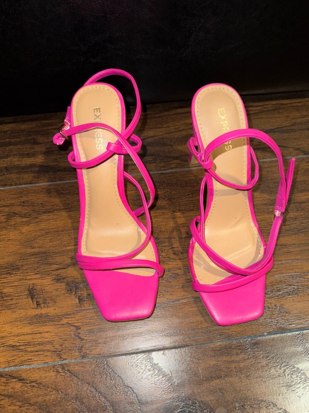 Express Women's Neon Pink Strappy Square-Toe Heels